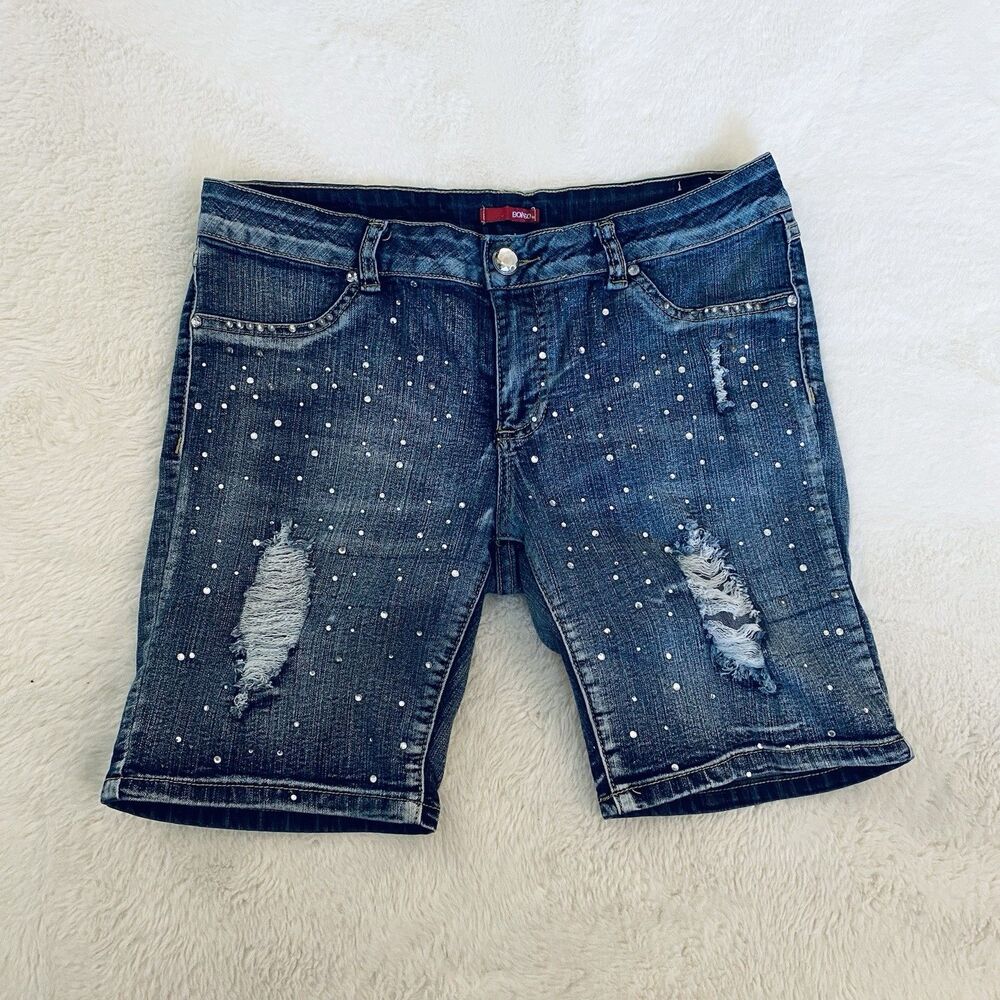 Y2K Bongo Women’s Size 11 Low Rise Rhinestone Denim Bermuda Shorts